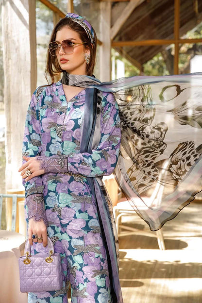 3 Piece Unstitched Embroidered Lawn Suit ( Digital Printed Bamber Chiffon Dupatta ) - Motif