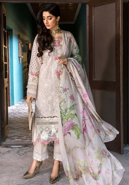 3 Piece Unstitched Heavy Embroidered Chickan Kari Lawn Suit ( Printed Silk Dupatta ) - Motif