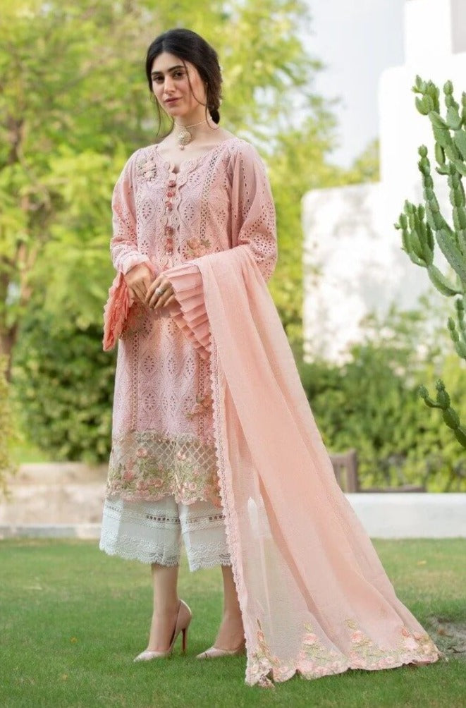 3 Piece Unstitched Heavy Embroidered Lawn Suit ( Fully Embroidered Bamber Chiffon Dupatta ) - Motif