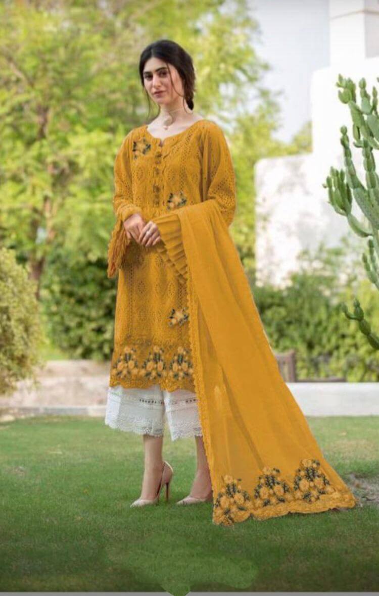 3 Piece Unstitched Heavy Embroidered Lawn Suit ( Fully Embroidered Bamber Chiffon Dupatta ) - Motif