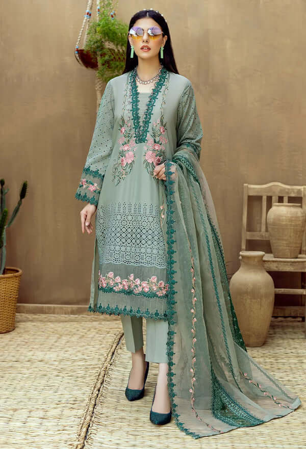 3 Piece Unstitched Heavy Embroidered Chickan Kari Lawn Suit ( Full Embroidered Organza Dupatta ) - Motif