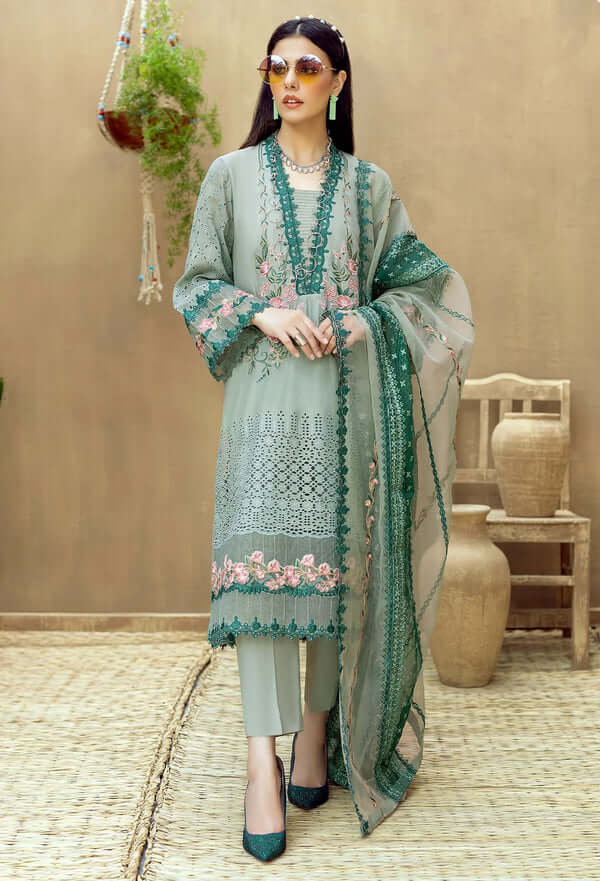 3 Piece Unstitched Heavy Embroidered Chickan Kari Lawn Suit ( Full Embroidered Organza Dupatta ) - Motif