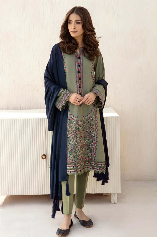 3 Piece Unstitched Heavy Embroidered Dhanak Suit ( Dhanak Dyed Plain Shawl ) - Motif