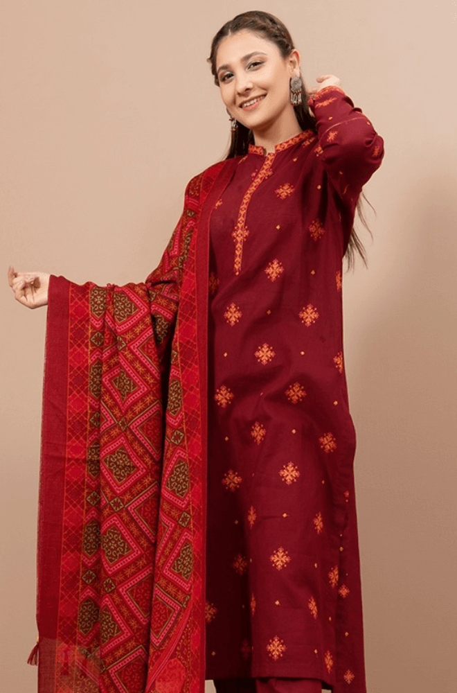 3 Piece Unstitched Heavy Embroidered Dhanak Suit ( Printed Dhanak Wool Shawl ) - Motif