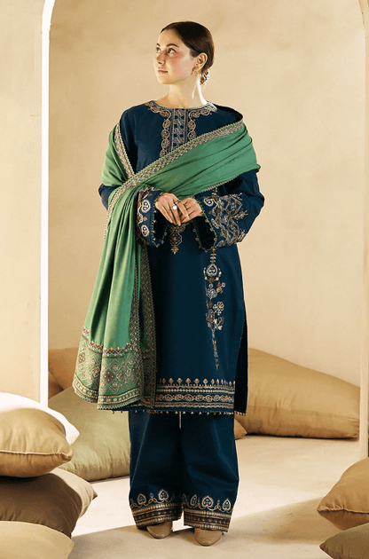 3 Piece Unstitched Heavy Embroidered Dhanak Suit ( Dhanak Printed Wool Shawl ) - Motif