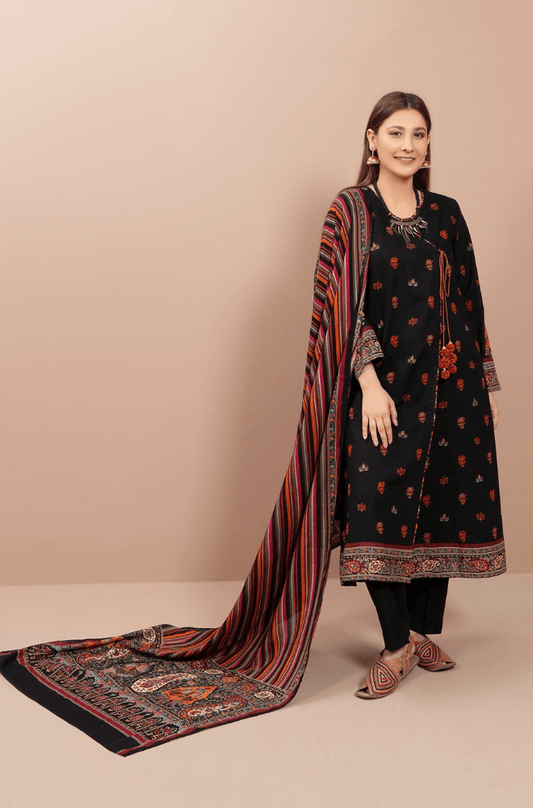 3 Piece Unstitched Heavy Embroidered Dhanak Suit ( Printed Woolen Shawl ) - Motif