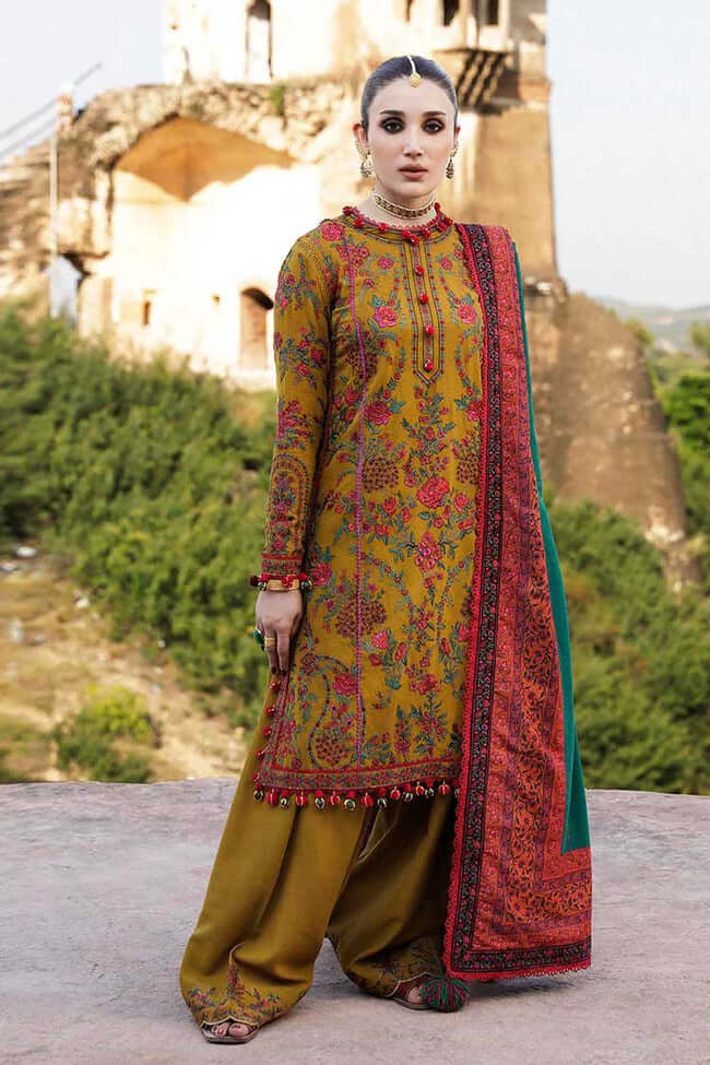3 Piece Unstitched Heavy Embroidered Dhanak Wool Suit ( Printed Woolen Shawl ) - Motif
