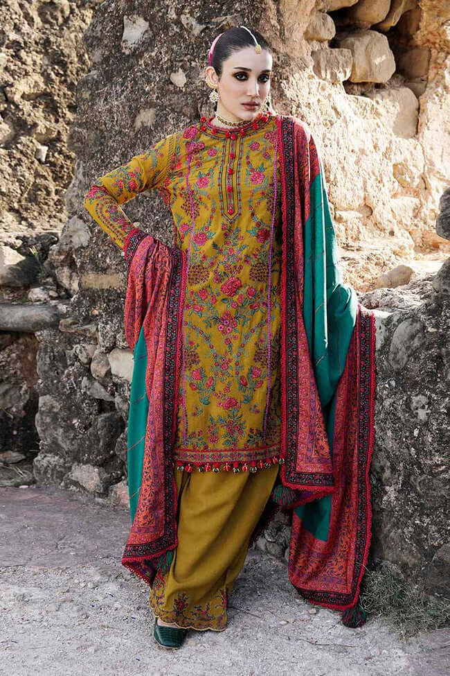 3 Piece Unstitched Heavy Embroidered Dhanak Wool Suit ( Printed Woolen Shawl ) - Motif