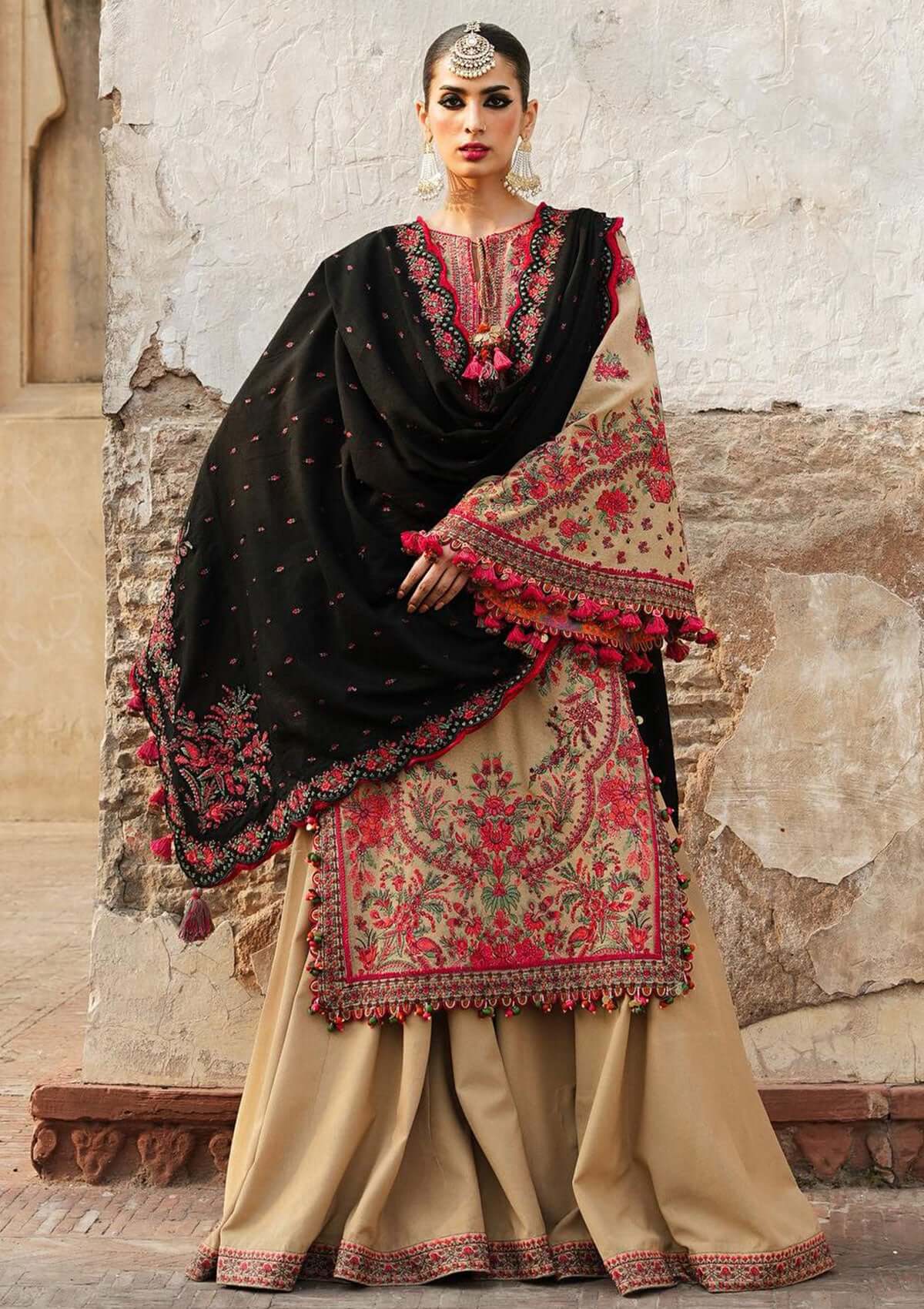 3 Piece Unstitched Heavy Embroidered Dhanak Wool Suit ( Four Sided Embroidered Dhanak Shawl ) - Motif
