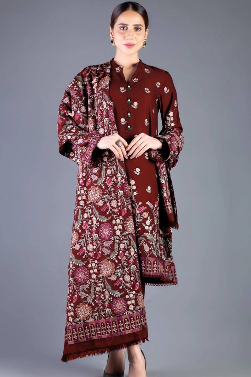 3 Piece Unstitched Heavy Embroidered Dhanak Suit ( Full Embroidered Dhanak Shawl ) - Motif