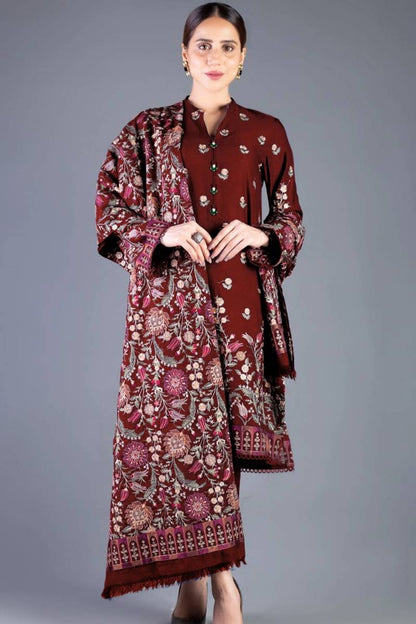 3 Piece Unstitched Heavy Embroidered Dhanak Suit ( Full Embroidered Dhanak Shawl ) - Motif