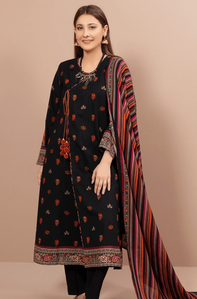 3 Piece Unstitched Heavy Embroidered Dhanak Suit ( Printed Woolen Shawl ) - Motif