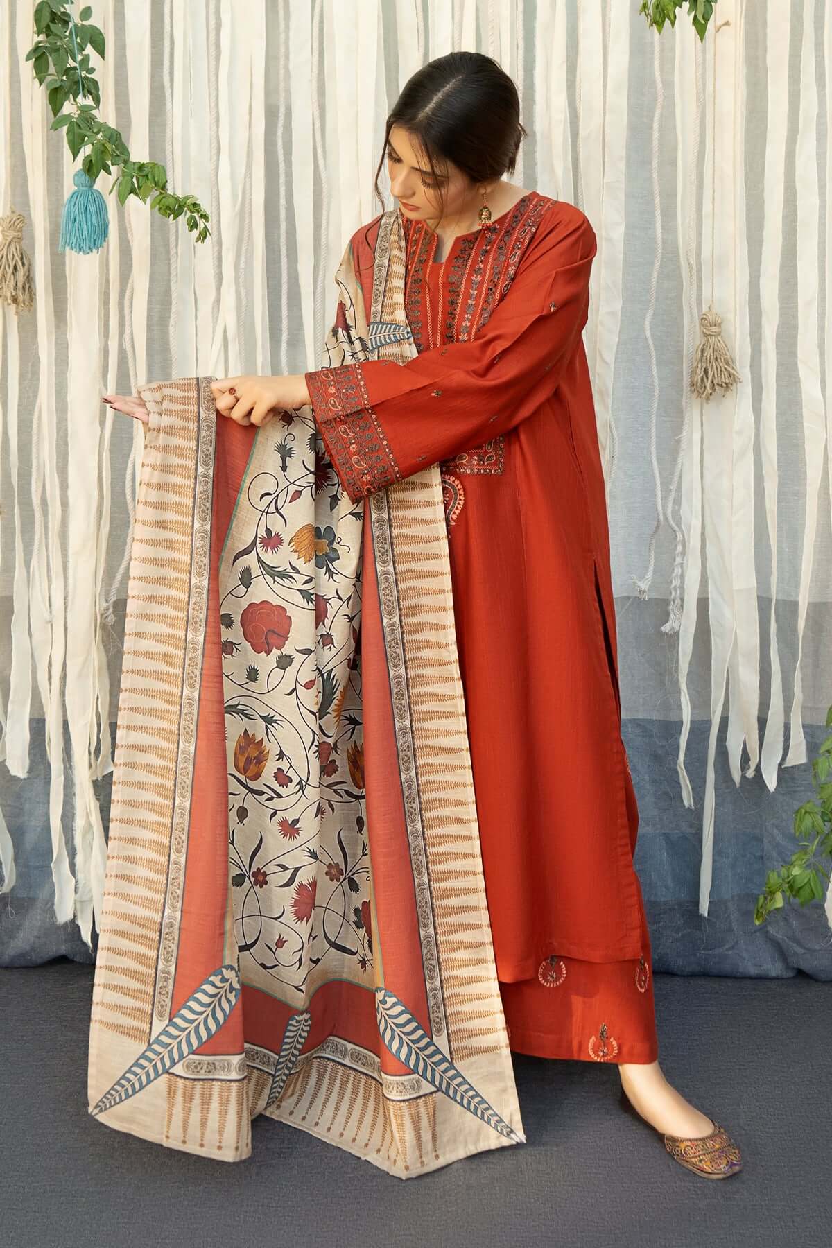 3 Piece Unstitched Heavy Embroidered Dhanak Suit ( Printed Woolen Shawl ) - Motif