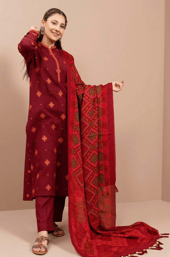 3 Piece Unstitched Heavy Embroidered Dhanak Suit ( Printed Dhanak Wool Shawl ) - Motif