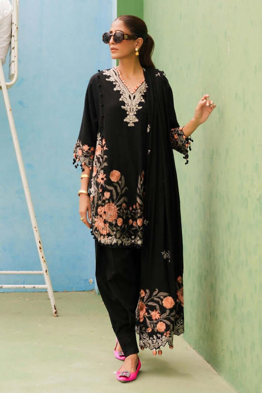 3 Piece Unstitched Heavy Embroidered Dhanak Wool Suit ( Four Sided Embroidered Dhanak Shawl ) - Motif