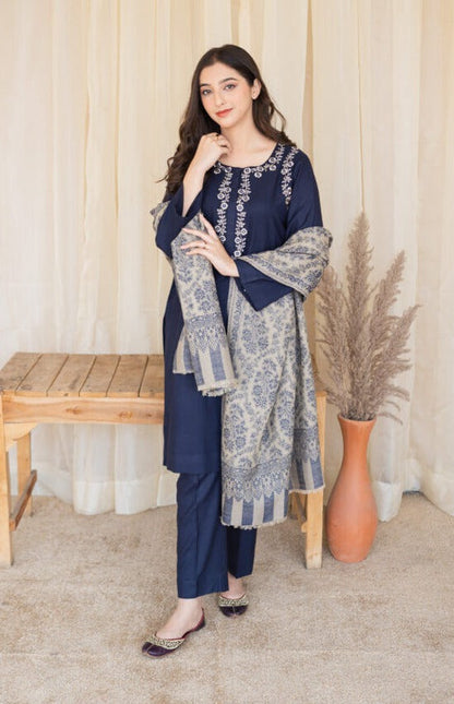 3 Piece Unstitched Embroidered Dhanak Suit ( Printed Woolen Shawl ) - Motif