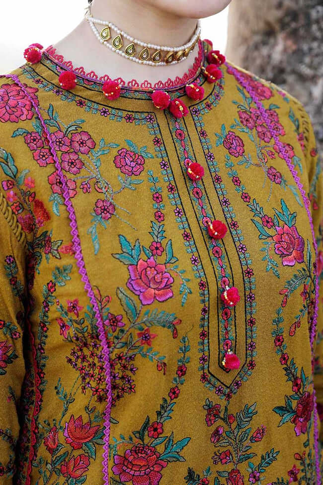3 Piece Unstitched Heavy Embroidered Dhanak Wool Suit ( Printed Woolen Shawl ) - Motif