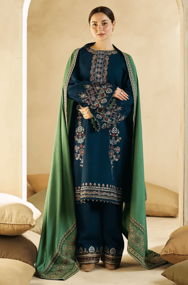 3 Piece Unstitched Heavy Embroidered Dhanak Suit ( Dhanak Printed Wool Shawl ) - Motif