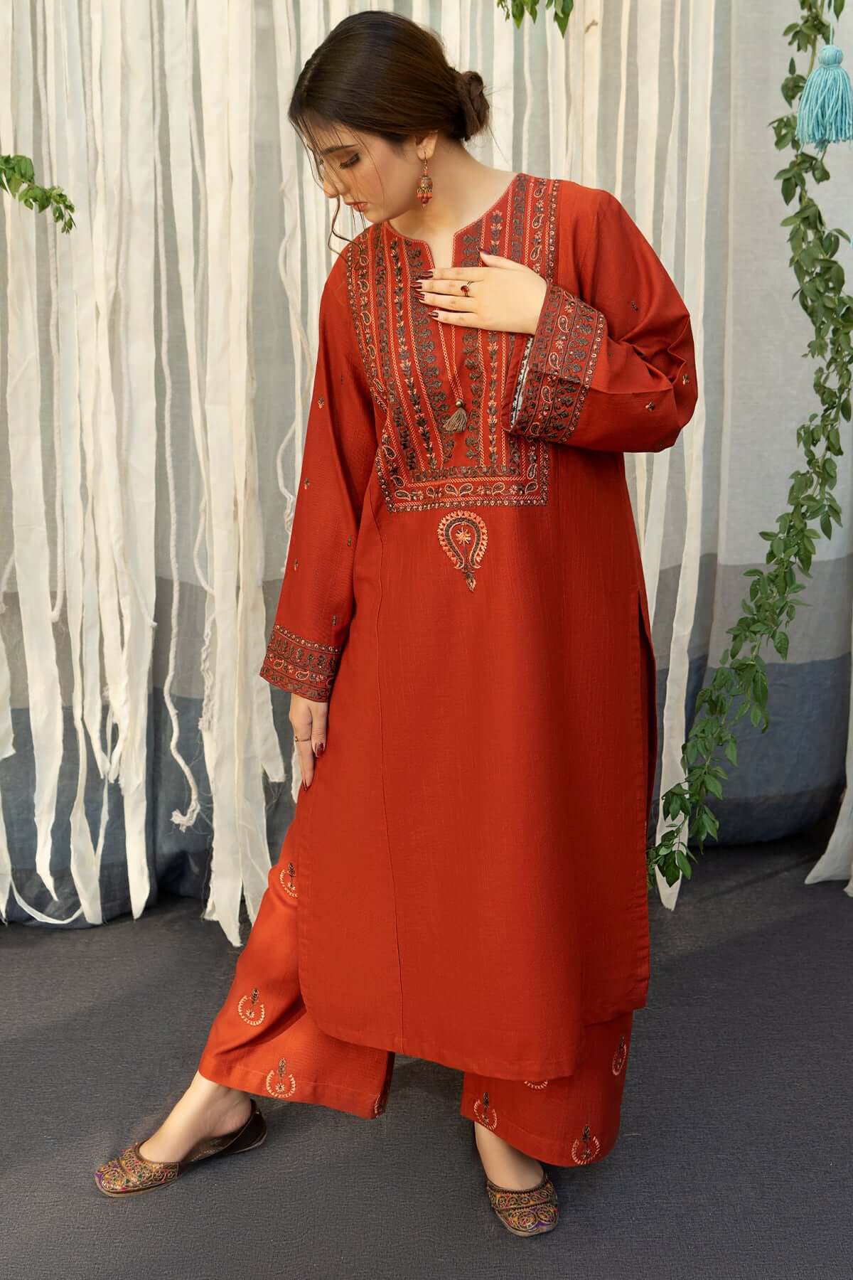 3 Piece Unstitched Heavy Embroidered Dhanak Suit ( Printed Woolen Shawl ) - Motif