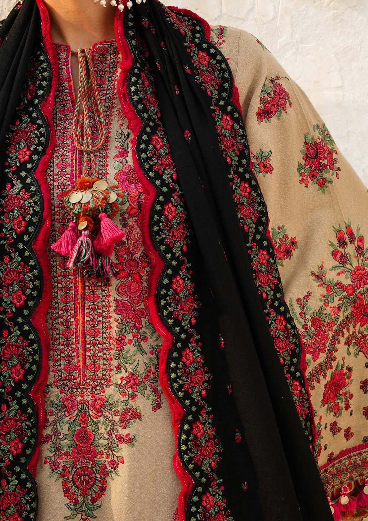 3 Piece Unstitched Heavy Embroidered Dhanak Wool Suit ( Four Sided Embroidered Dhanak Shawl ) - Motif