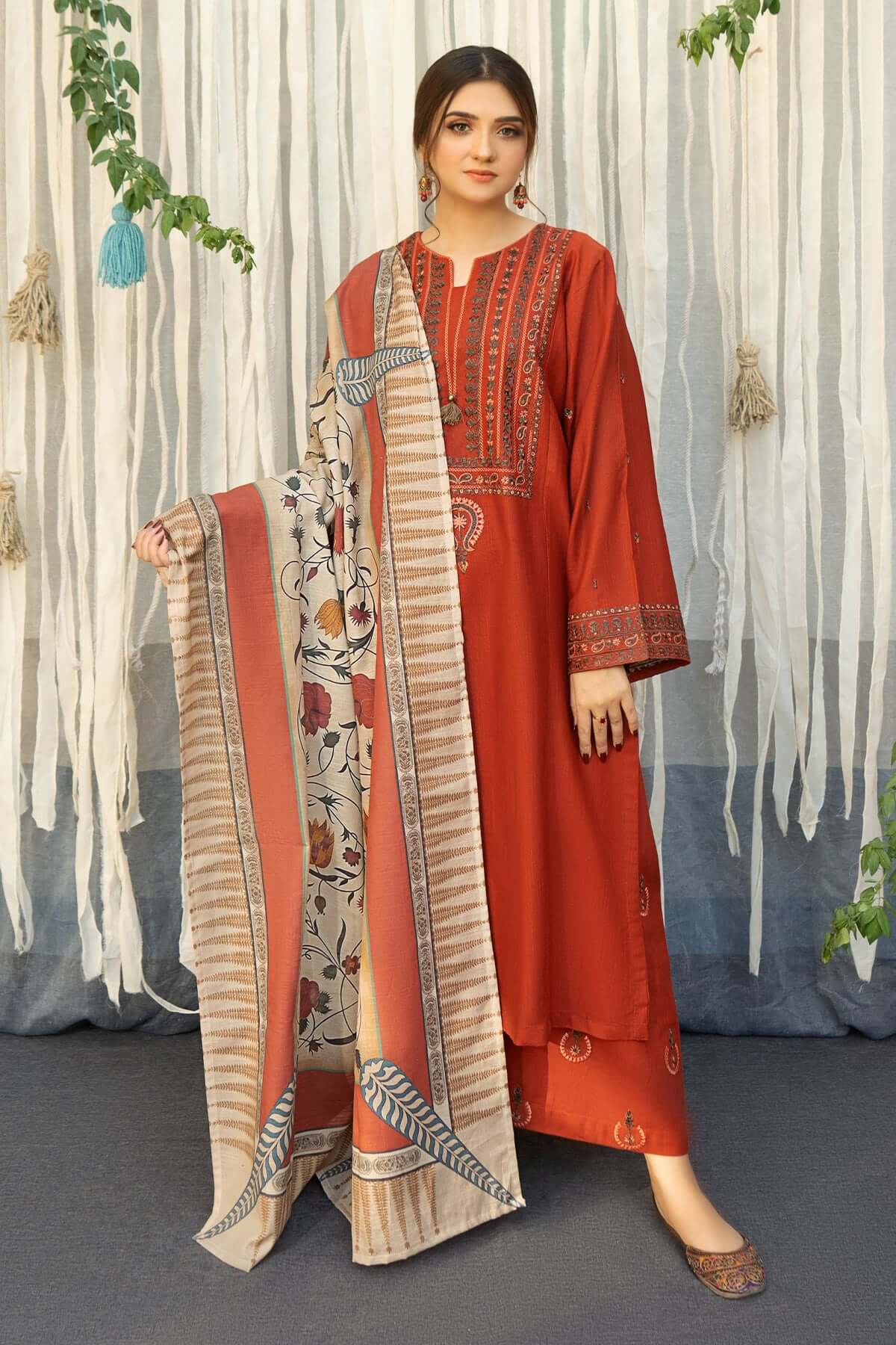 3 Piece Unstitched Heavy Embroidered Dhanak Suit ( Printed Woolen Shawl ) - Motif