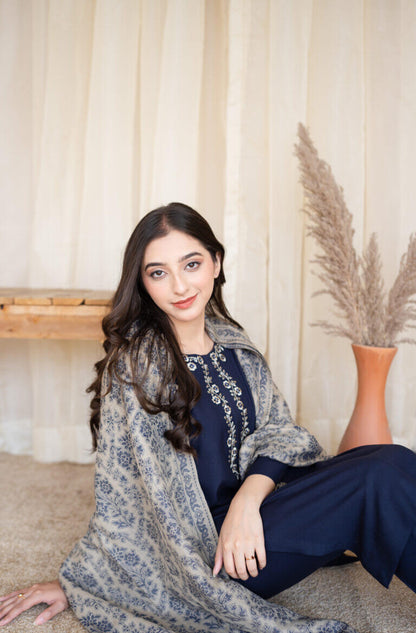 3 Piece Unstitched Embroidered Dhanak Suit ( Printed Woolen Shawl ) - Motif