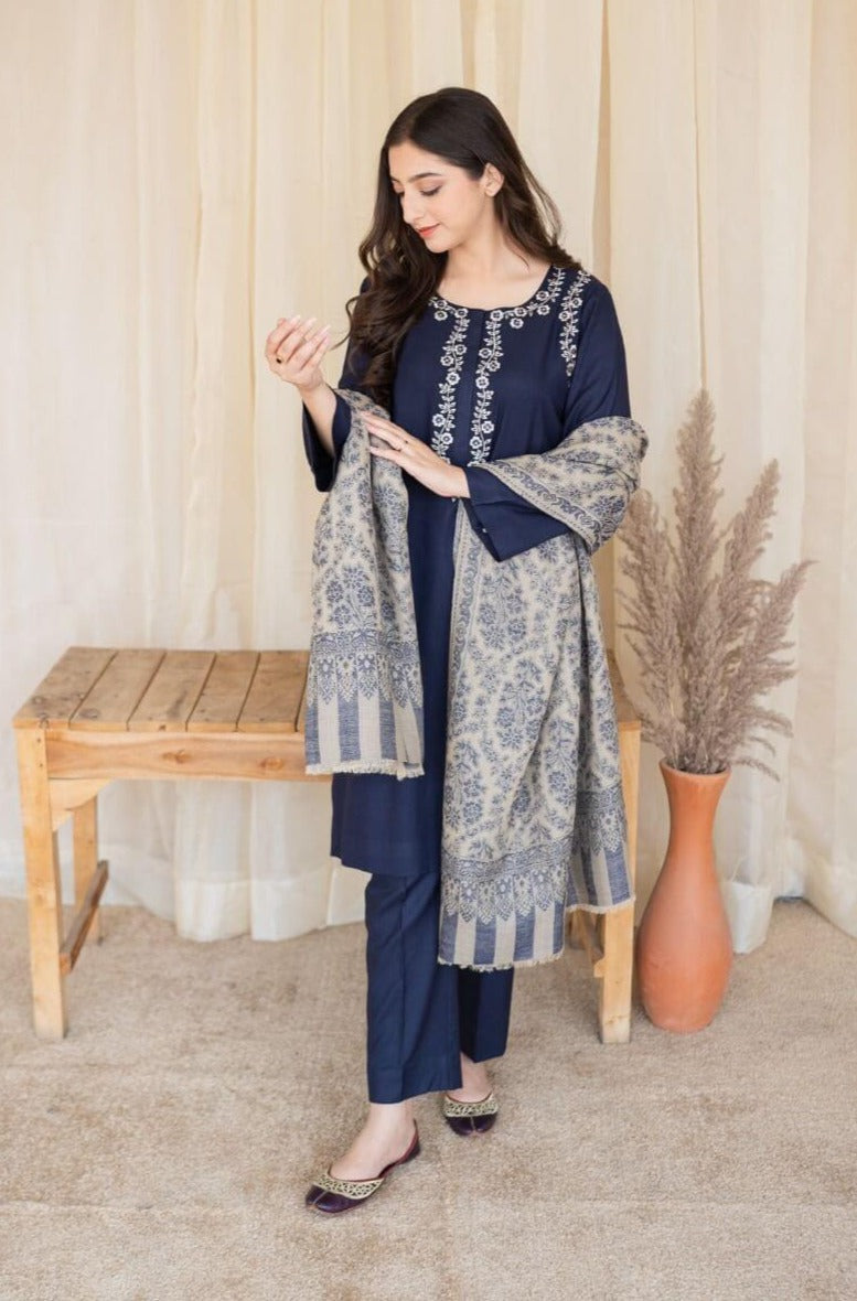 3 Piece Unstitched Embroidered Dhanak Suit ( Printed Woolen Shawl ) - Motif