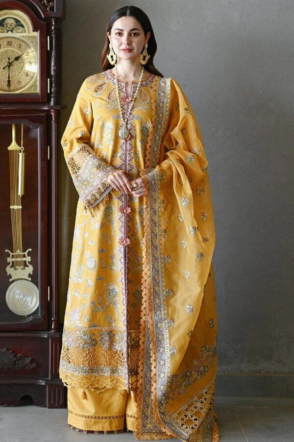 Unstitched 3 Piece Fully Embroidered Lawn Suit With Four Sided Embroidered Organza Dupatta