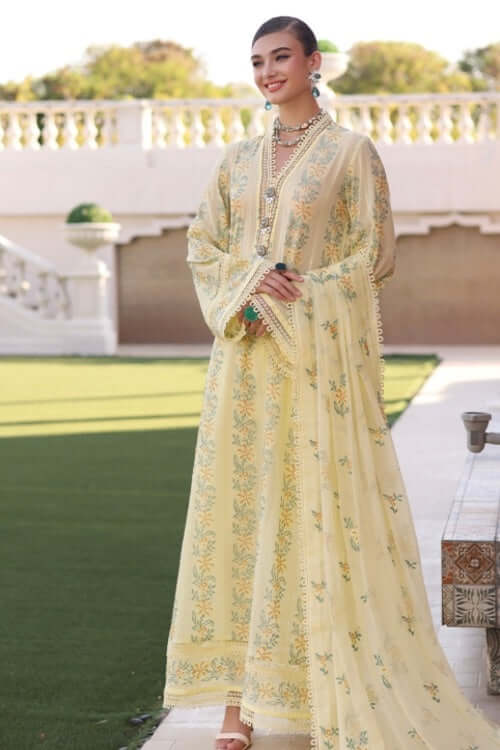 3 Piece Unstitched Heavy Embroidered Lawn Suit ( Full Embroidered Chiffon Dupatta ) - Motif