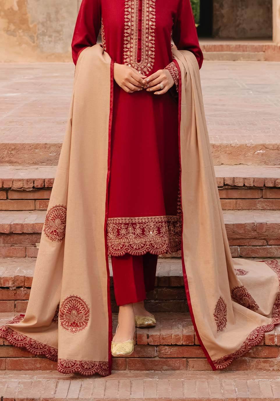 3 Piece Unstitched Heavy Embroidered Dhanak Suit with Embroidered Dhanak Wool Shawl - Motif