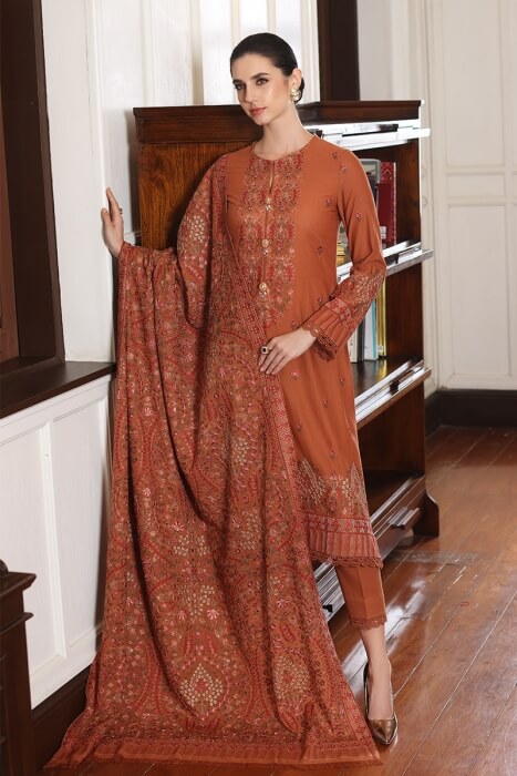3 Piece Unstitched Heavy Embroidered Dhanak Suit with Heavy Embroidered Dhanak Wool Shawl - Motif