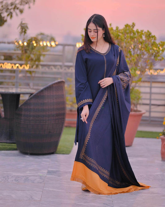 3 Piece Unstitched Heavy Embroidered Dhanak Suit ( Printed Woolen Dupatta ) - Motif
