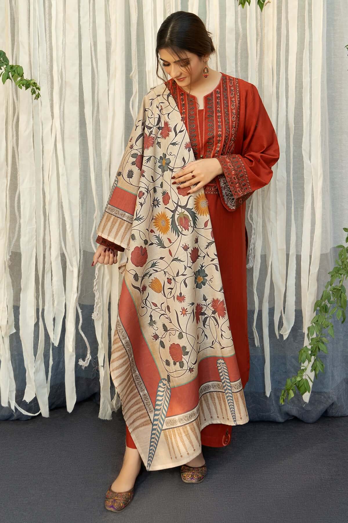 3 Piece Unstitched Heavy Embroidered Dhanak Suit ( Printed Woolen Shawl ) - Motif