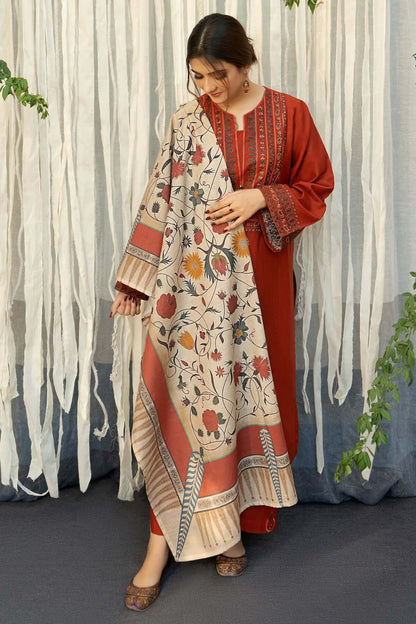 3 Piece Unstitched Heavy Embroidered Dhanak Suit ( Printed Woolen Shawl ) - Motif