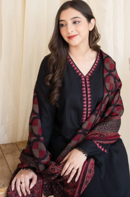 3 Piece Unstitched Embroidered Dhanak Suit ( Printed Woolen Shawl ) - Motif