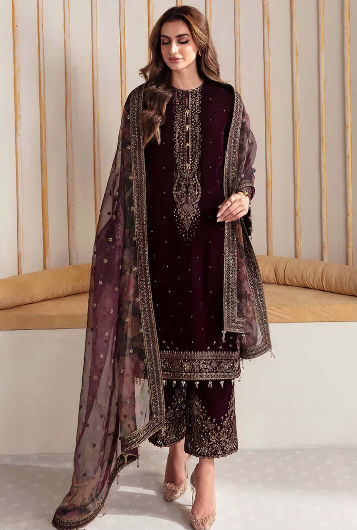 3 Piece Unstitched Heavy Embroidered Velvet Suit with Digital Printed Organza Dupatta - Motif