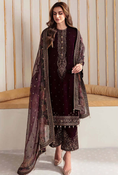 3 Piece Unstitched Heavy Embroidered Velvet Suit with Digital Printed Organza Dupatta - Motif