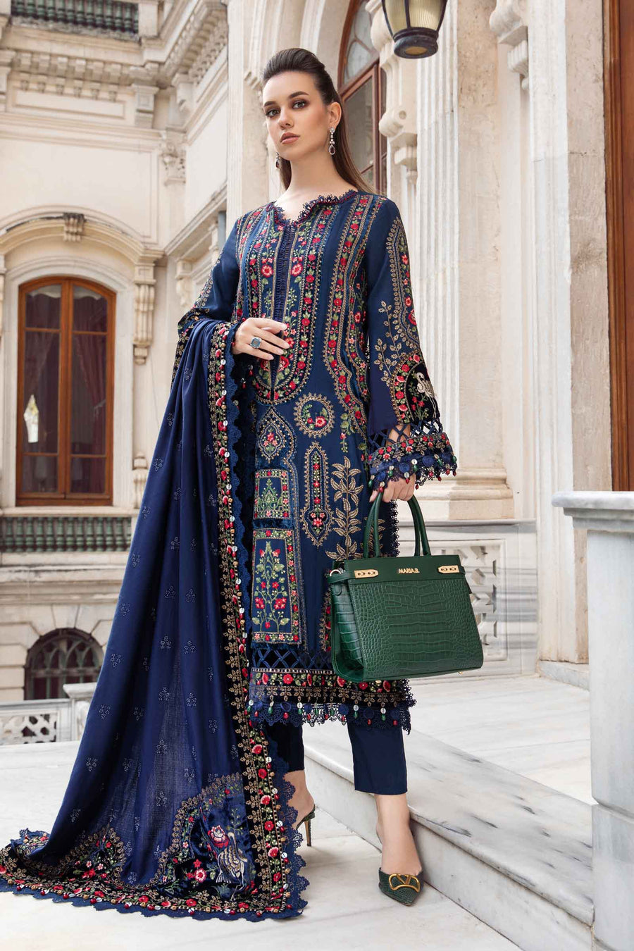 3 Piece Unstitched Heavy Embroidered Dhanak Suit with Heavy Embroidered Dhanak Wool Shawl - Motif