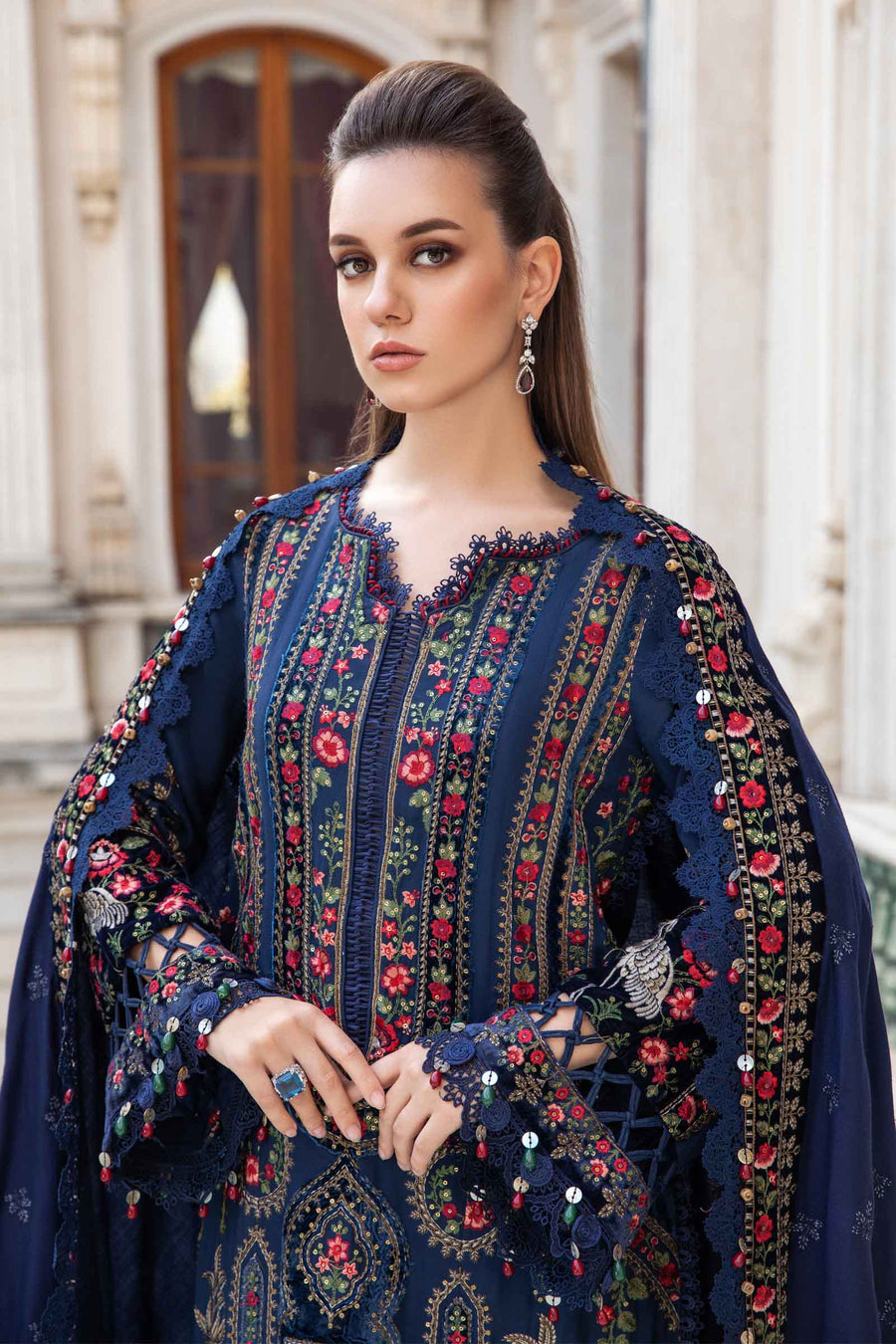 3 Piece Unstitched Heavy Embroidered Dhanak Suit with Heavy Embroidered Dhanak Wool Shawl - Motif