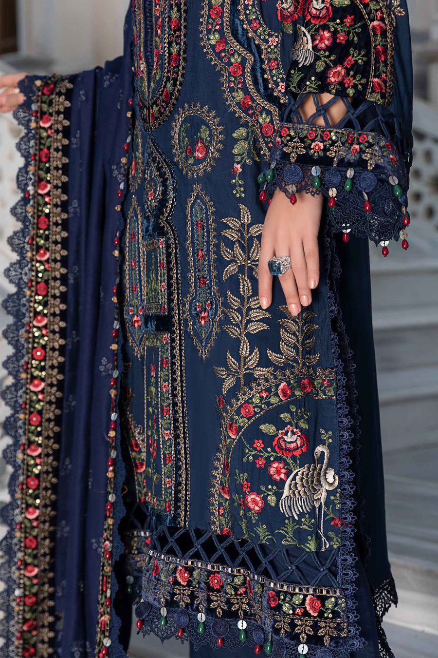 3 Piece Unstitched Heavy Embroidered Dhanak Suit with Heavy Embroidered Dhanak Wool Shawl - Motif