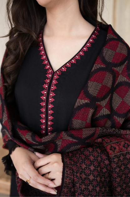 3 Piece Unstitched Embroidered Dhanak Suit ( Printed Woolen Shawl ) - Motif