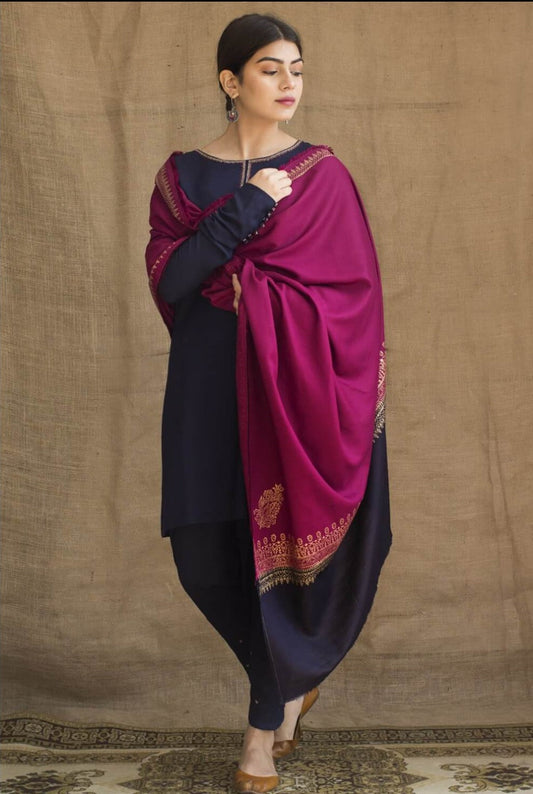 3 Piece Unstitched Heavy Embroidered Dhanak Suit ( Printed Woolen Dupatta ) - Motif