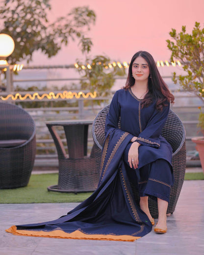 3 Piece Unstitched Heavy Embroidered Dhanak Suit ( Printed Woolen Dupatta ) - Motif