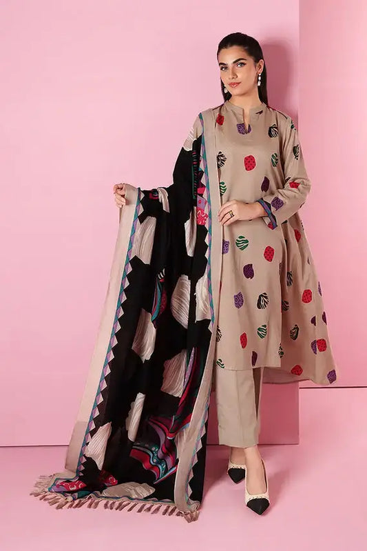 3 Piece Unstitched Embroidered Dhanak Suit ( Woolen Printed Dupatta ) - Motif