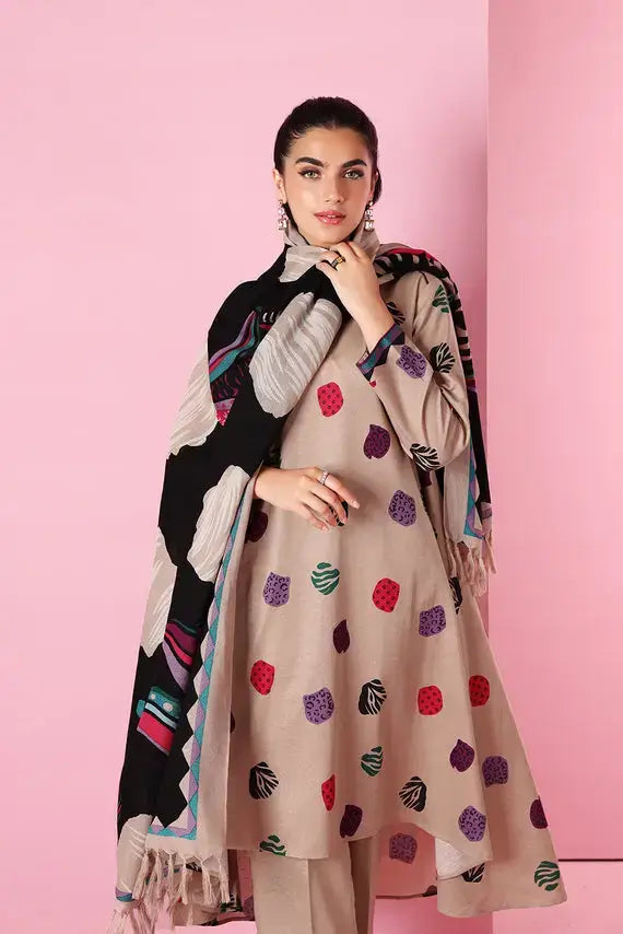 3 Piece Unstitched Embroidered Dhanak Suit ( Woolen Printed Dupatta ) - Motif