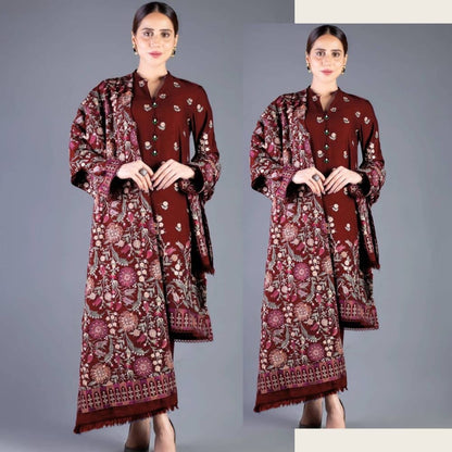3 Piece Unstitched Heavy Embroidered Dhanak Suit ( Full Embroidered Dhanak Shawl ) - Motif