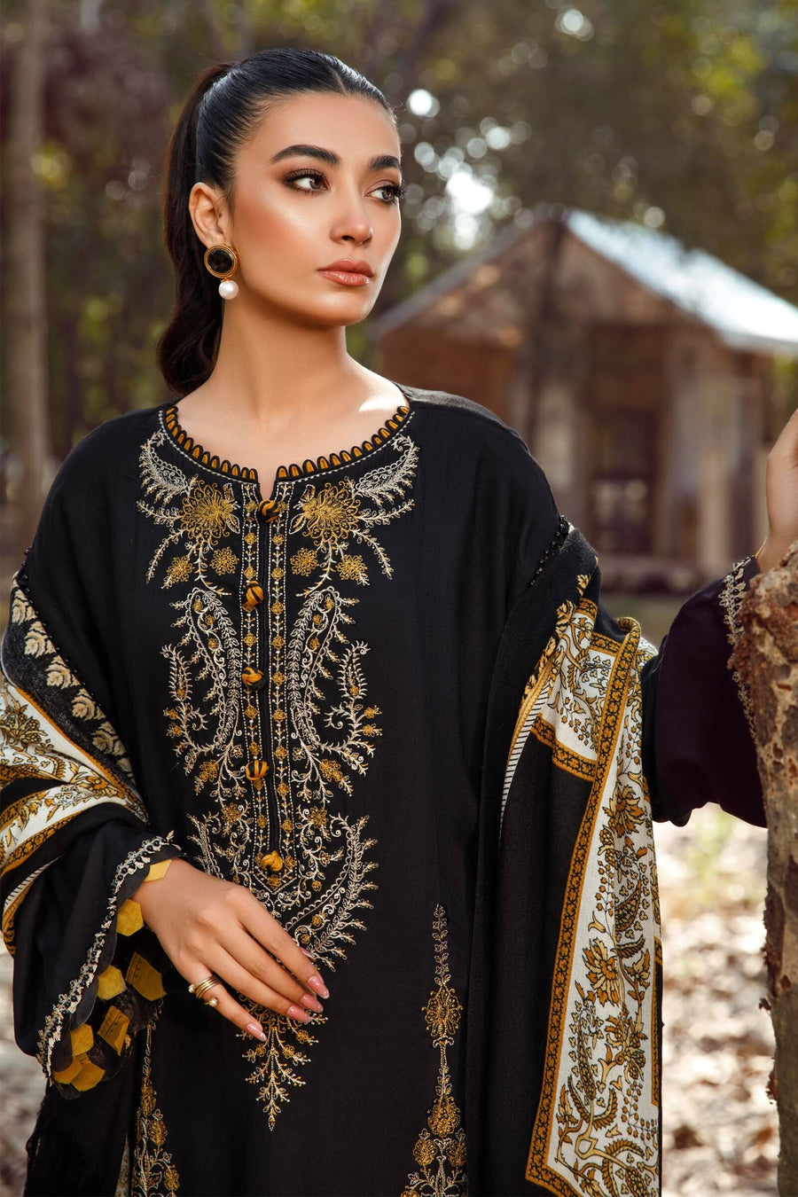 3 Piece Unstitched Heavy Embroidered Dhanak Suit with wool Shawl MB 7OO - Motif