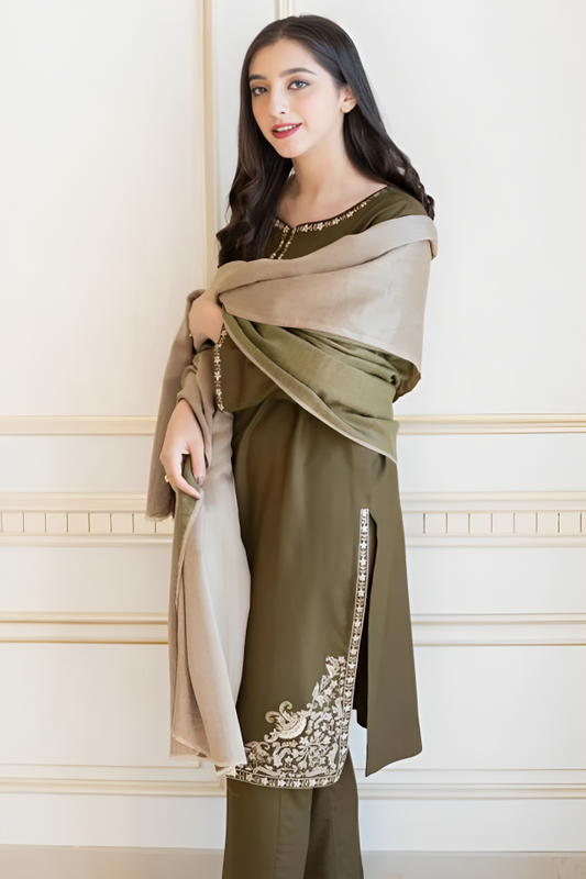 3 Piece Unstitched Fully Embroided Dhanak Stuff with Dhanak Wool Shawal - Motif