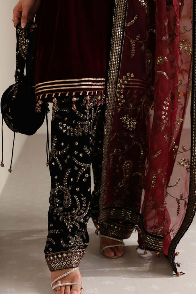 3 Piece Unstitched Heavy Embroidered Velvet Suit with Heavy Embroidered Organza Dupatta -Motif