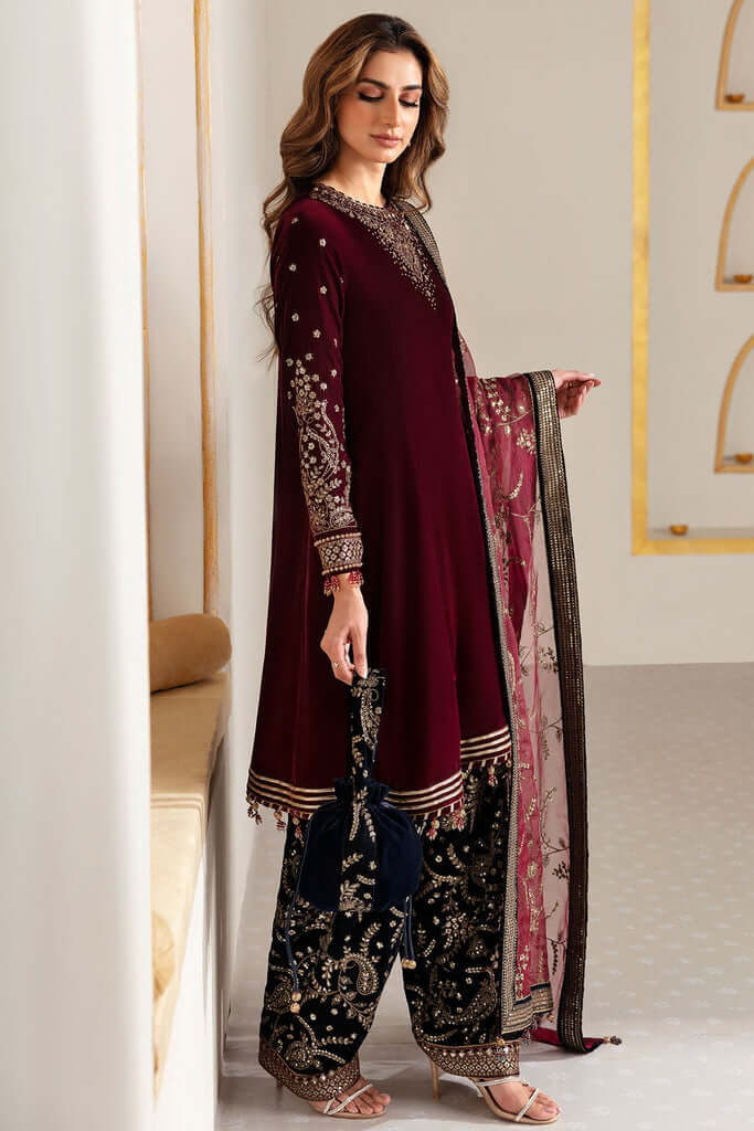 3 Piece Unstitched Heavy Embroidered Velvet Suit with Heavy Embroidered Organza Dupatta - Motif